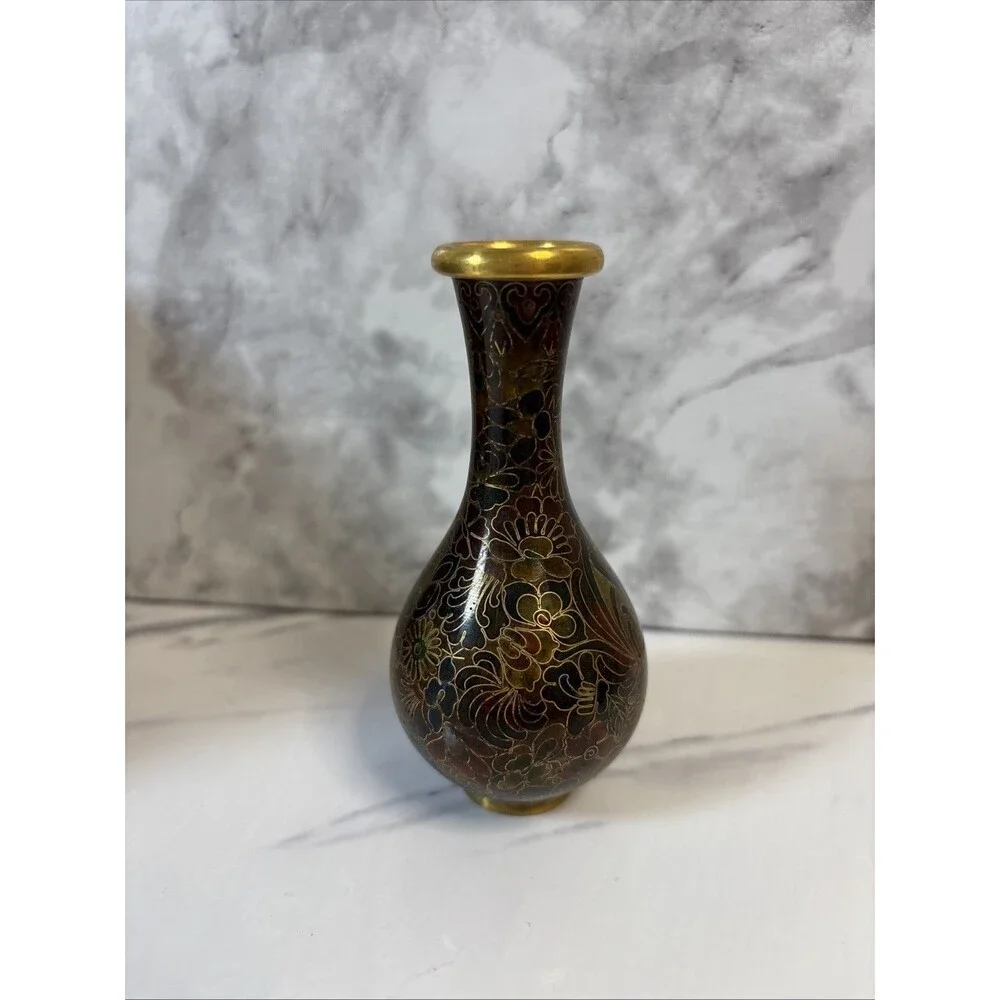 Cloisonné vase brown, burgundy, black floral 4
